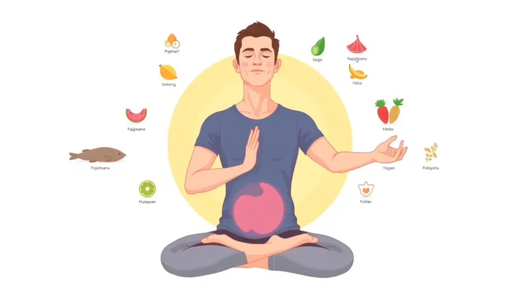 "A bright and clean digital illustration showing yoga and pranayama exercises for improving digestion. Include a realistic adult man performing yoga poses like Pawanmuktasana, Vajrasana, Bhujangasana, and practicing Kapalbhati pranayama. Surround him with subtle icons of healthy digestion like fruits, vegetables, and herbs. Style: modern, colorful, minimalistic, realistic illustration, visually appealing for health blog and Google Discover."