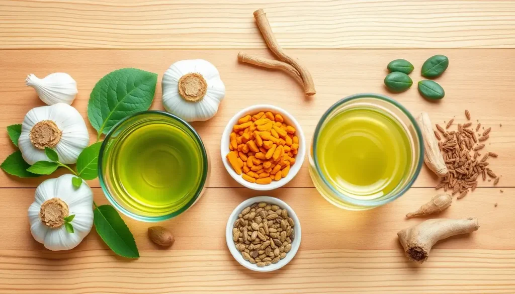 "Illustration of natural home remedies for heart health: garlic cloves, turmeric, fenugreek seeds soaked in water, green tea, and Ayurvedic herbs like ashwagandha and arjuna bark, arranged aesthetically on a wooden table, bright and clean composition, healthy lifestyle concept, suitable for health blog, high resolution"