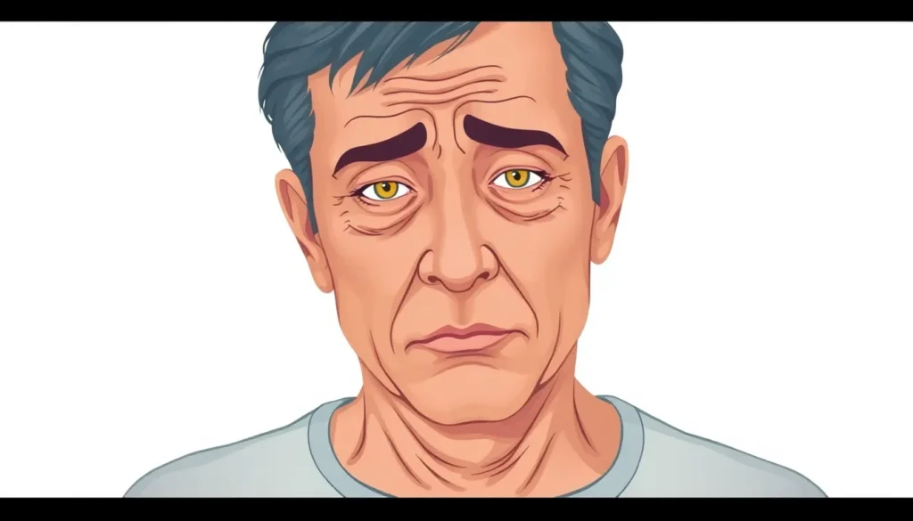 A realistic healthcare illustration showing an adult person with visible signs of illness, subtle yellowish tone on eyes and skin indicating jaundice, tired facial expression, slightly swollen abdomen and legs suggesting fluid retention, neutral clean background, professional medical awareness style, realistic human proportions, soft lighting, high resolution, calm but serious mood, no text, no labels, no symbols, no watermark